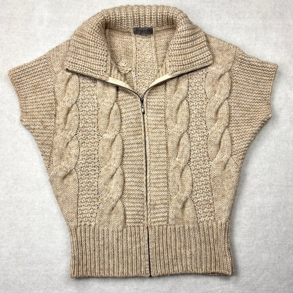 Elsamanda Italy Alpaca Wool Blend Cable Knit Full Zip Vest Sweater Beige Large